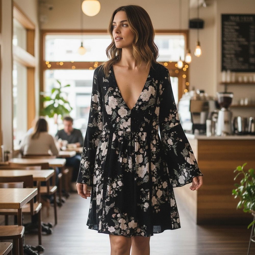 Love Johnny Was Black Floral V-Neck Bell Sleeve Mini Dress XL Boho Over-Size